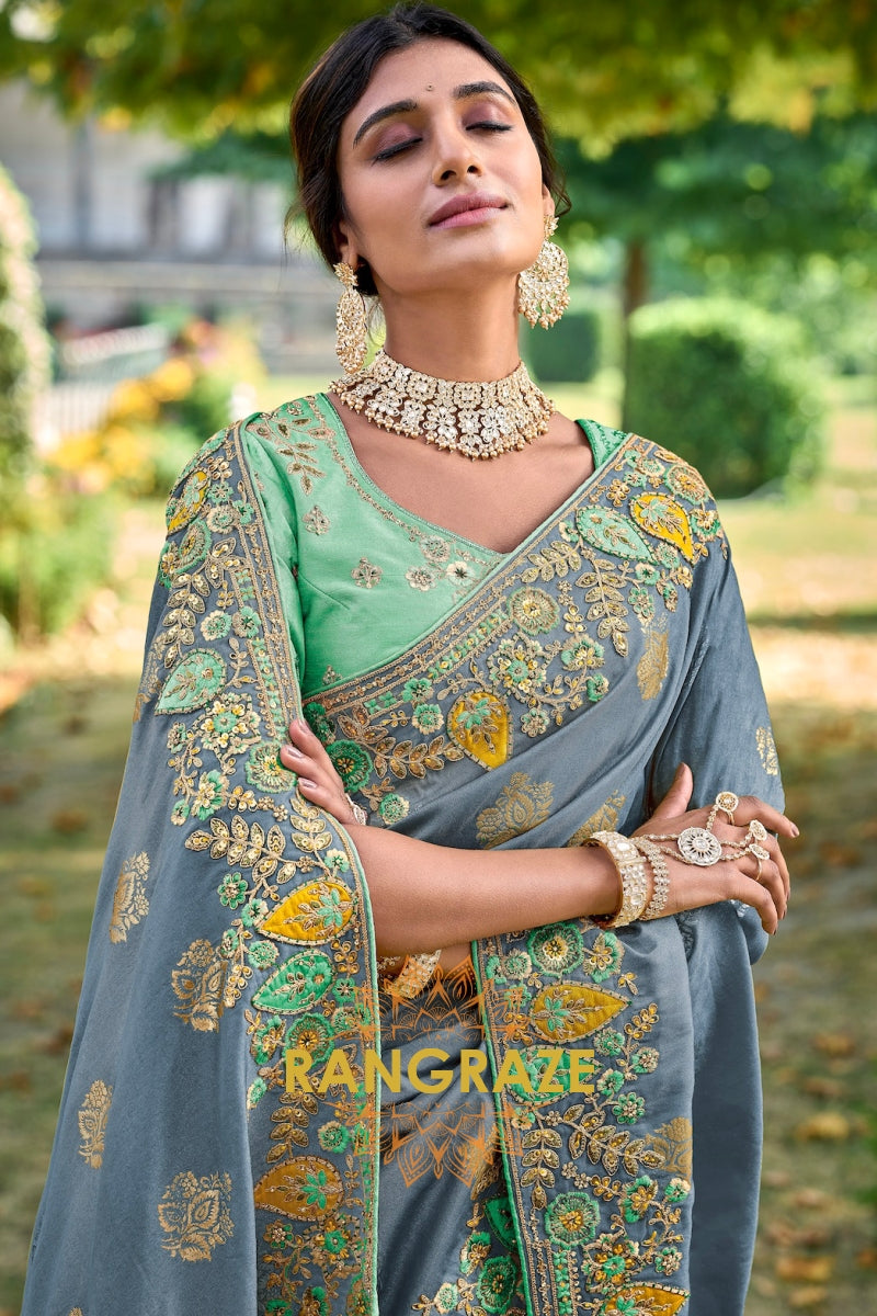 Steel Blue Elegance: Embroidered Designer Silk Saree with Resam and Stone Work