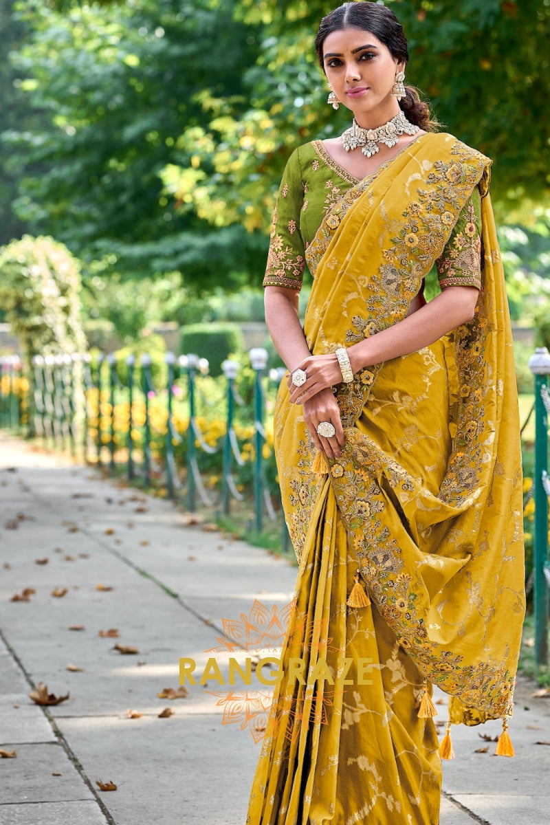 Golden Honey: Embroidered Designer Silk Saree with Cut Work