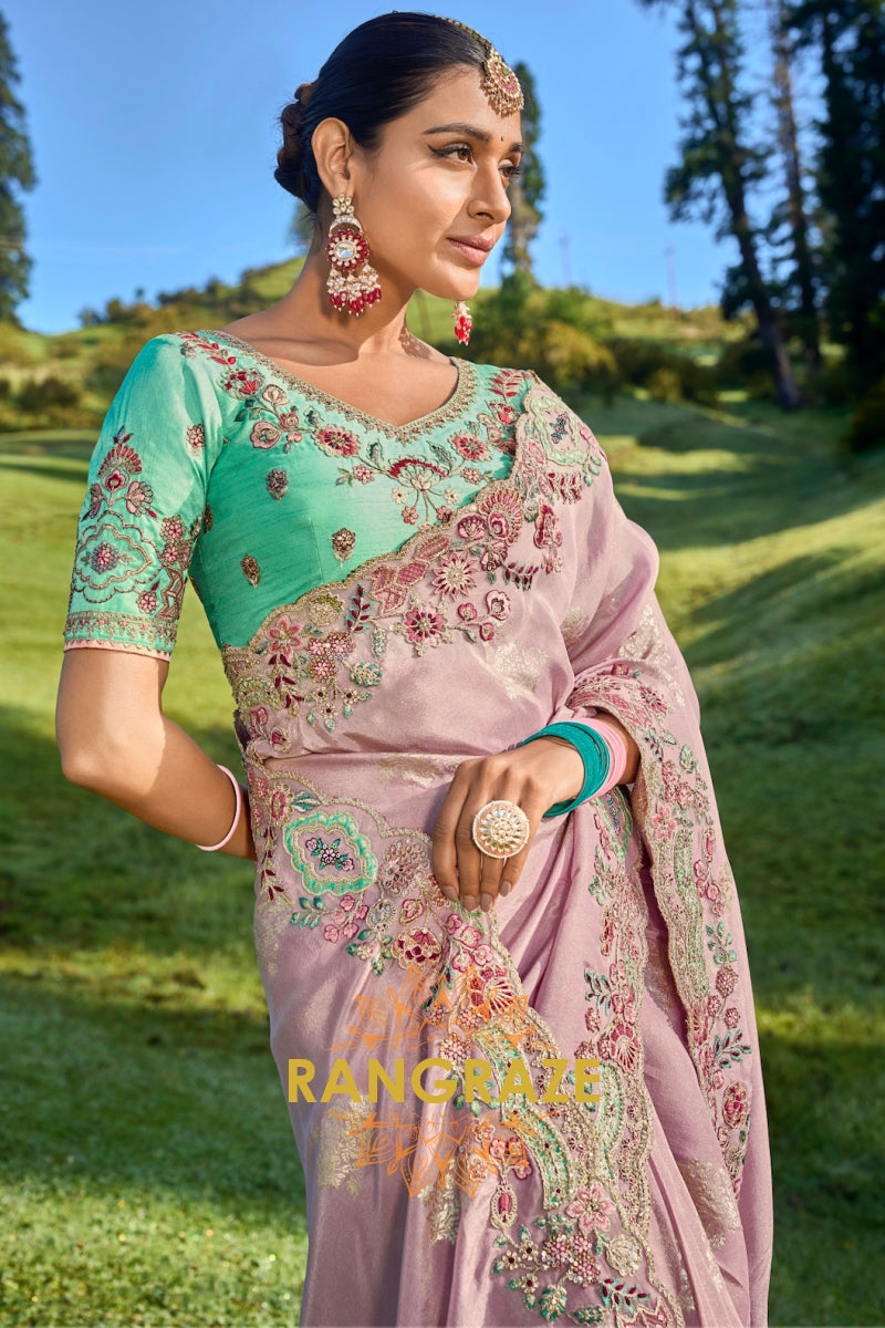 Lilac Aura: Designer Embroidered Silk Saree