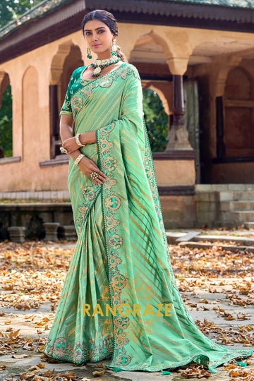 Celestial Mint: Zari and Resam Embroidered Designer Silk Saree