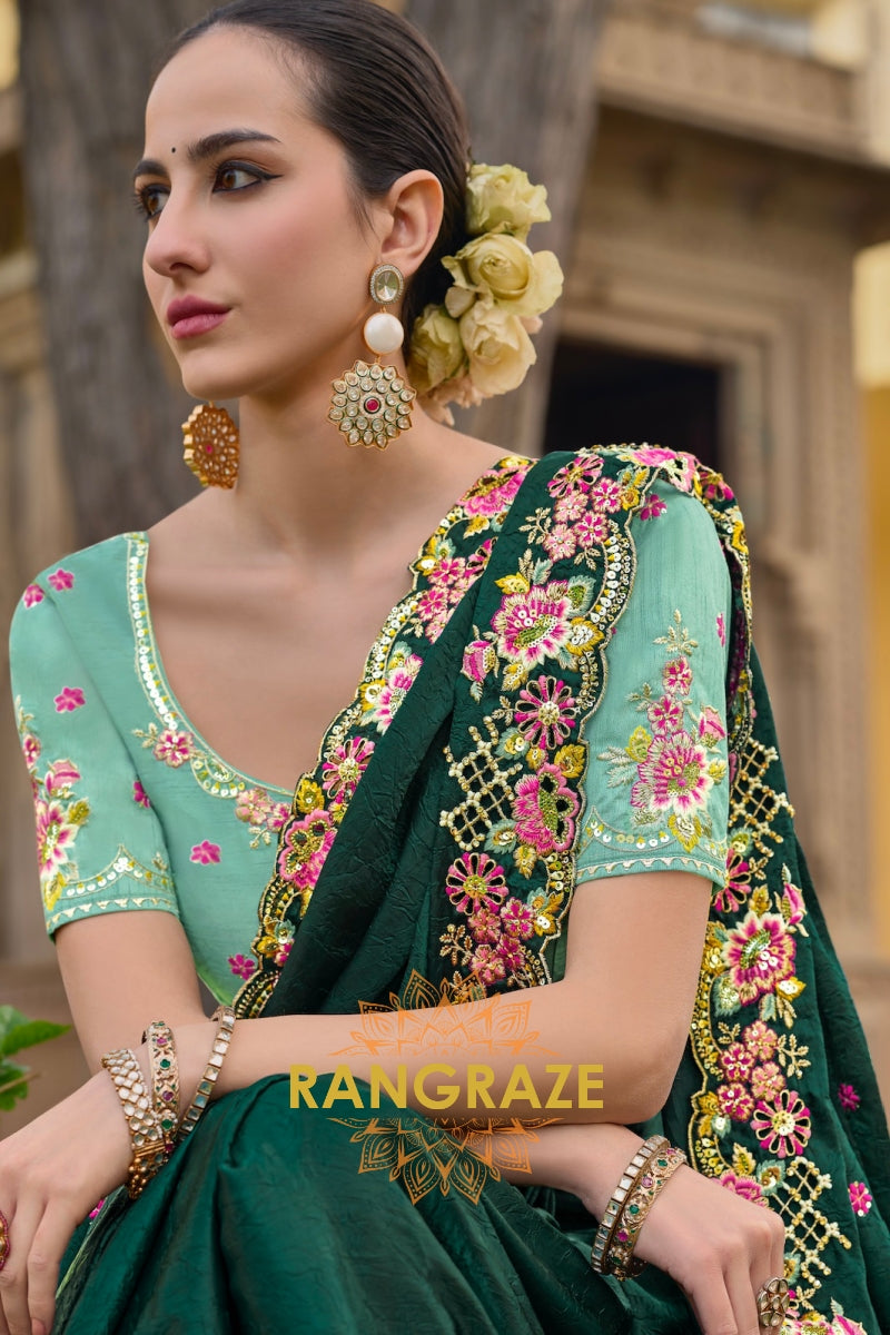 Forest Grace: Hand-Embroidered Pure Organza Saree with Cut Work