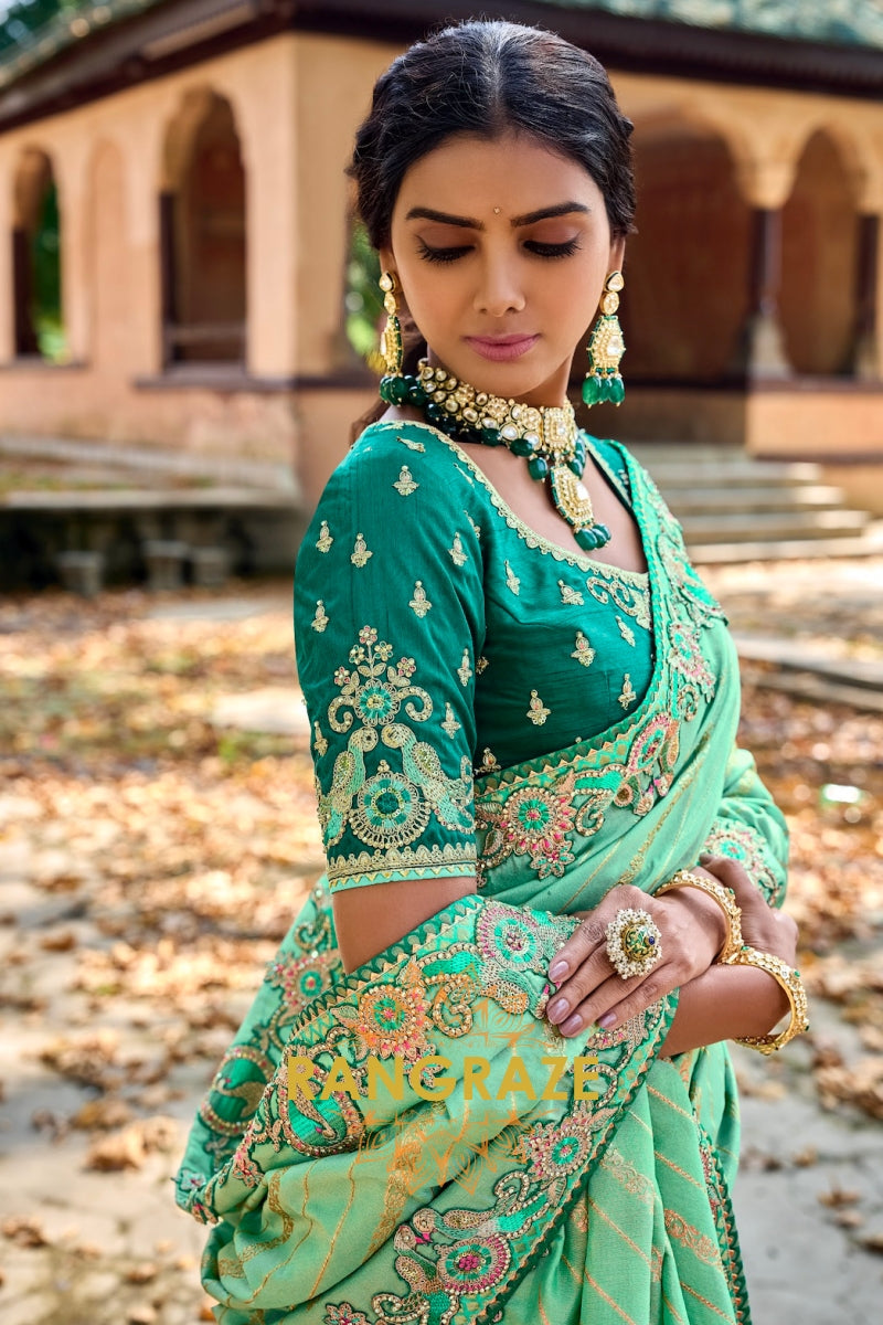 Celestial Mint: Zari and Resam Embroidered Designer Silk Saree