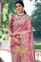 Rosewood Elegance: Embroidered Designer Silk Saree with Cut Work