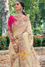 Ivory Grace: Embroidered Designer Silk Saree with Pink Silk Blouse and Cut Work