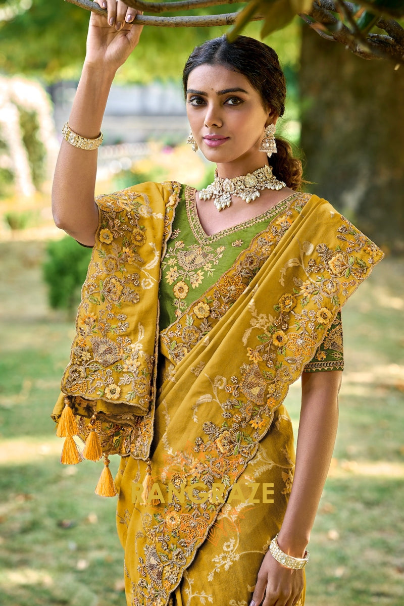 Golden Honey: Embroidered Designer Silk Saree with Cut Work