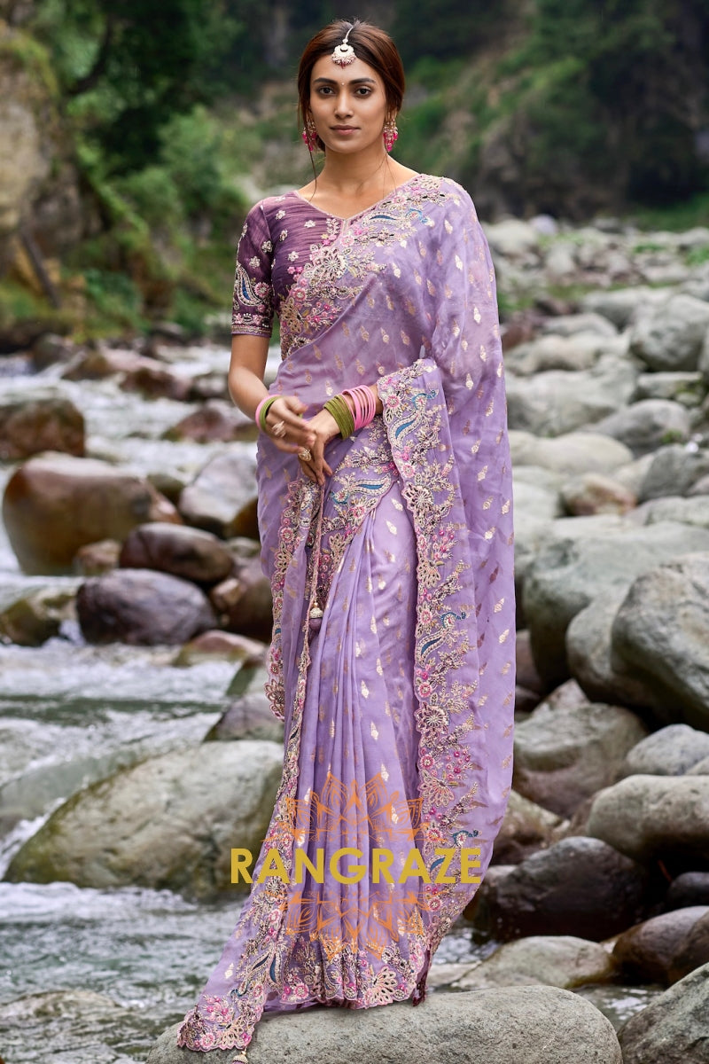 Regal Purple: Designer Embroidered Silk Saree