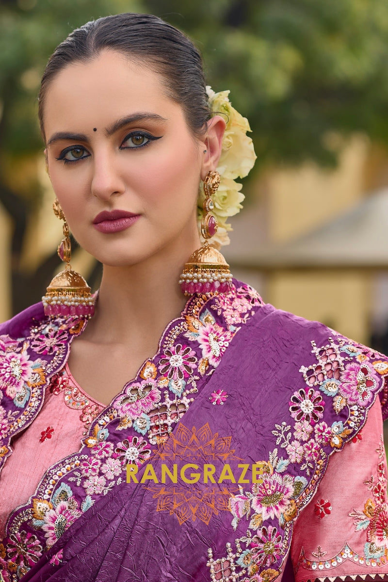 Mulberry Elegance: Hand-Embroidered Pure Organza Saree with Cut Work