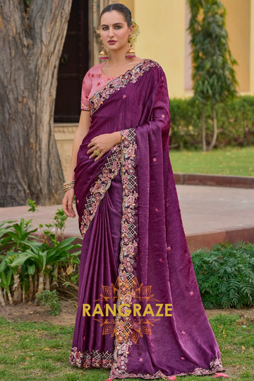 Mulberry Elegance: Hand-Embroidered Pure Organza Saree with Cut Work