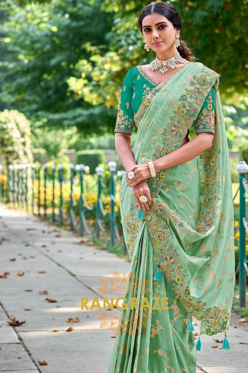 Mint Breeze: Embroidered Designer Silk Saree with Cut Work