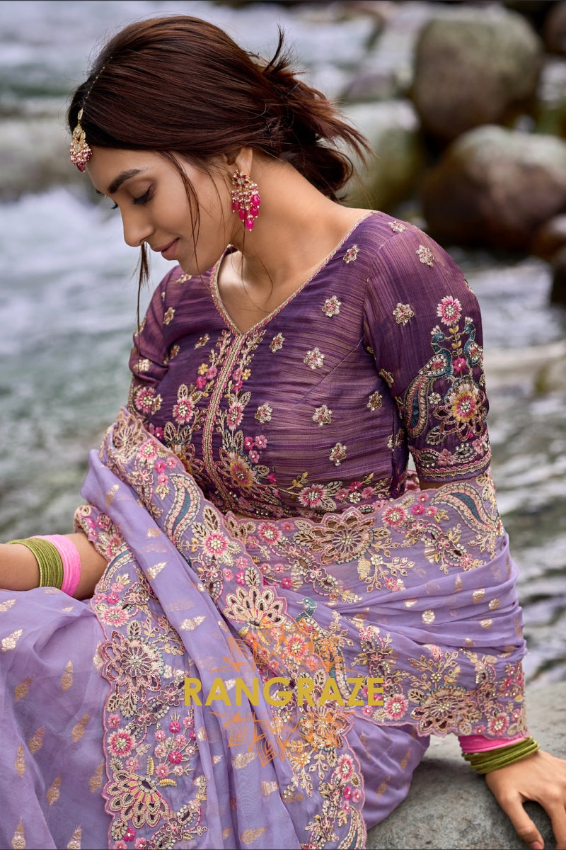 Regal Purple: Designer Embroidered Silk Saree