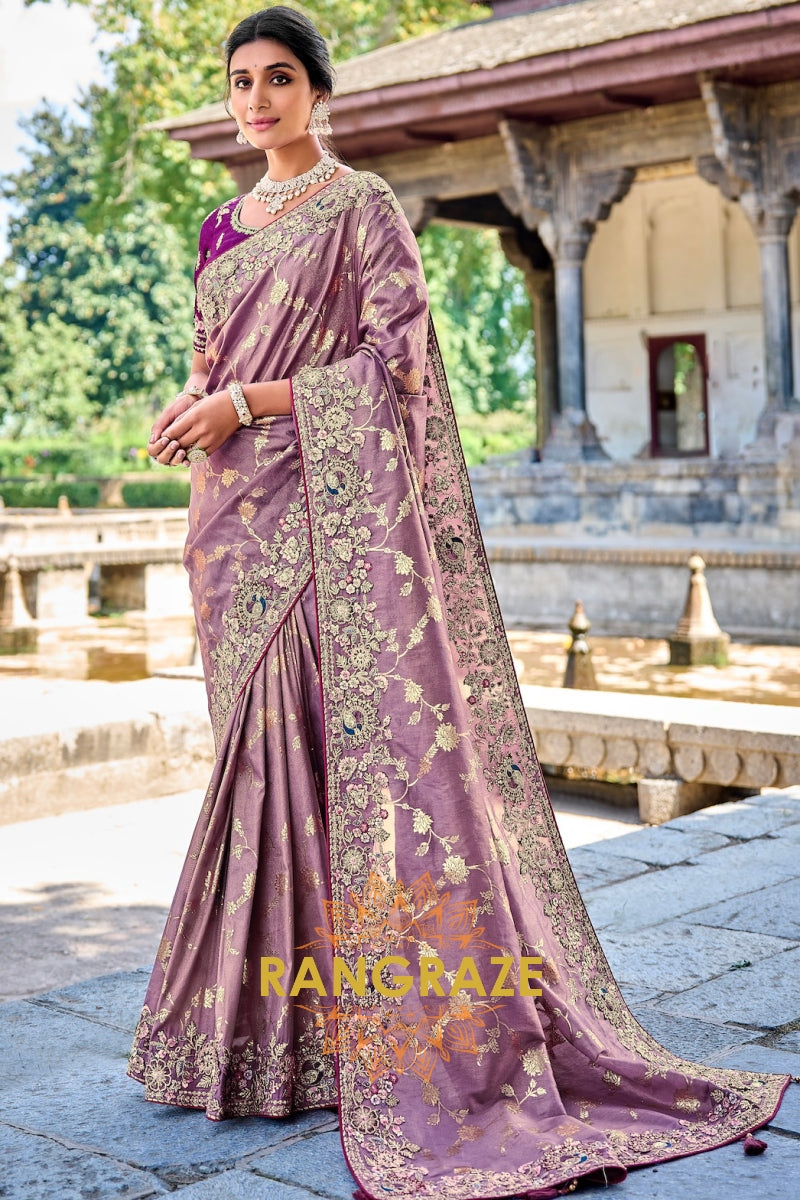 Itten Purple: Zari and Resam Embroidered Designer Silk Saree