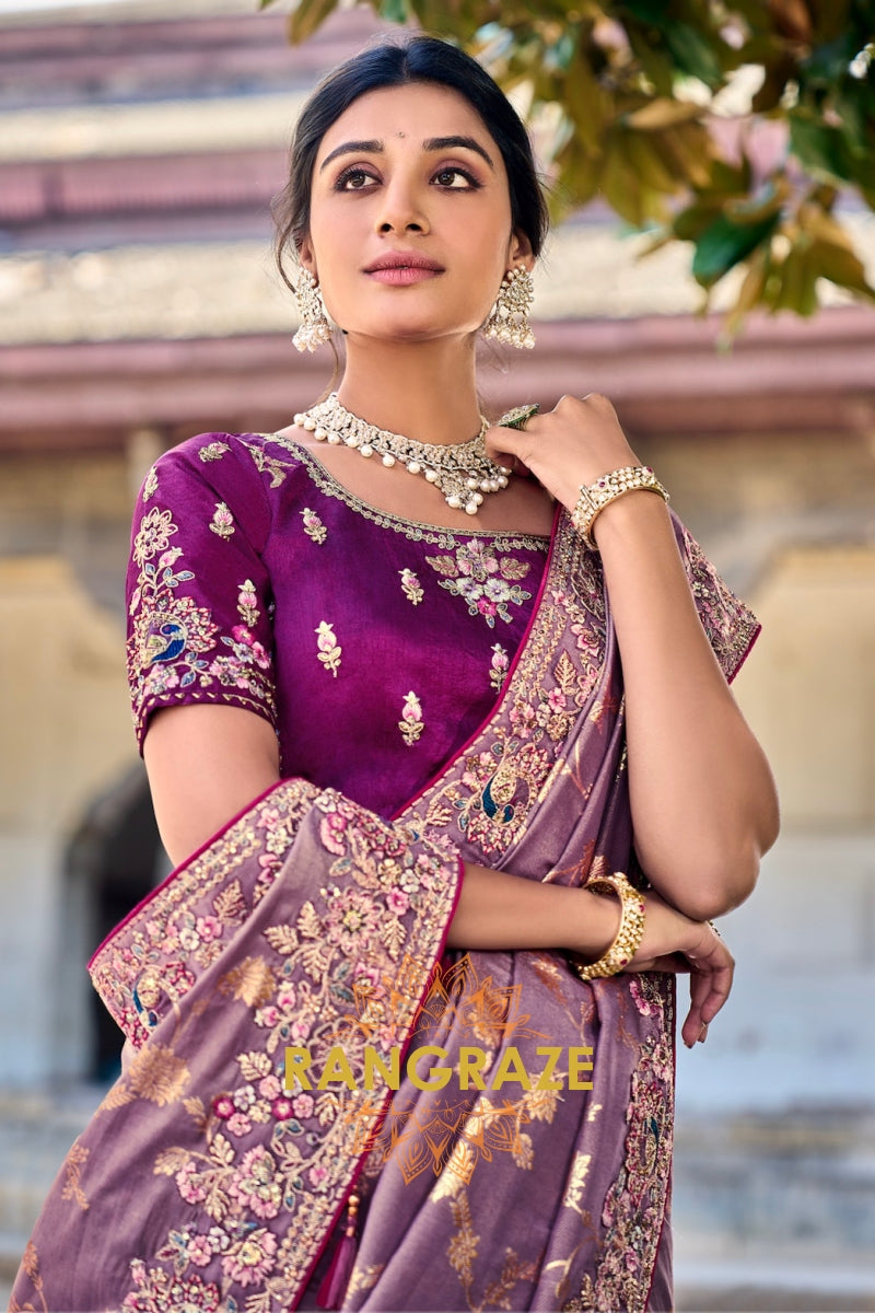 Itten Purple: Zari and Resam Embroidered Designer Silk Saree