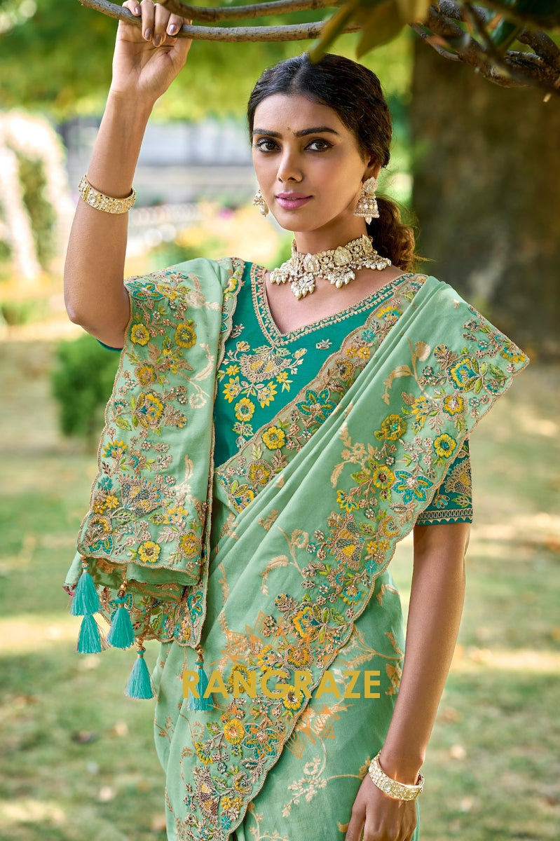 Mint Breeze: Embroidered Designer Silk Saree with Cut Work