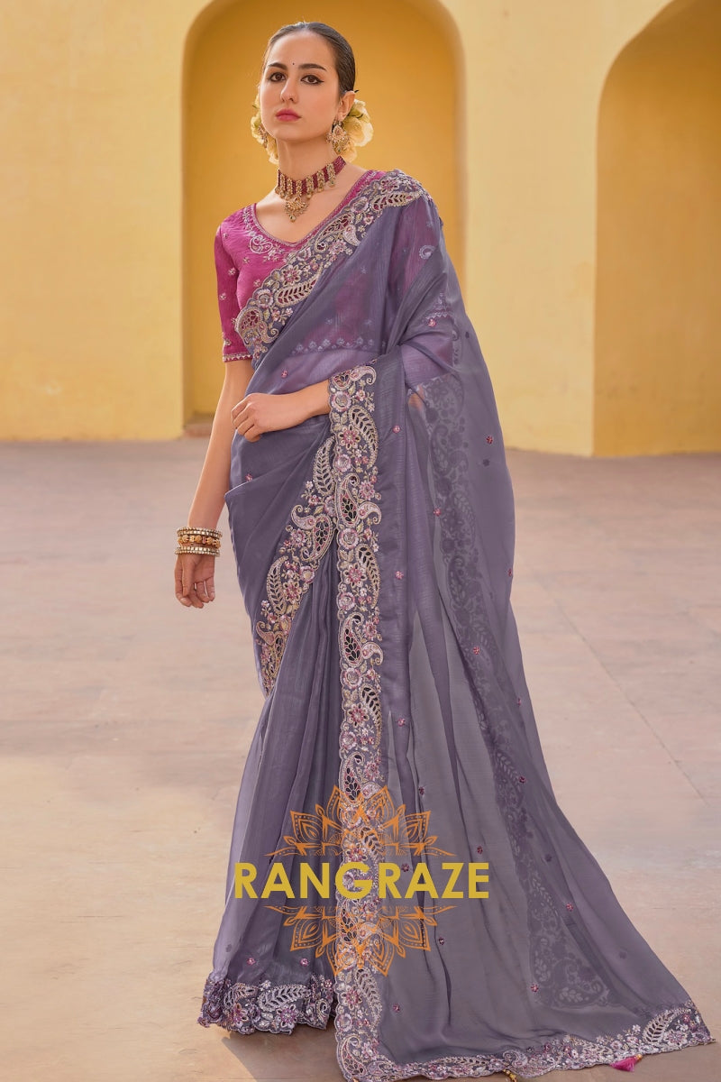 Dusky Rose: Embroidered Dusty Grey Organza Saree with Cut Work and Pink Silk Blouse