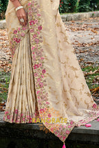 Ivory Grace: Embroidered Designer Silk Saree with Pink Silk Blouse and Cut Work