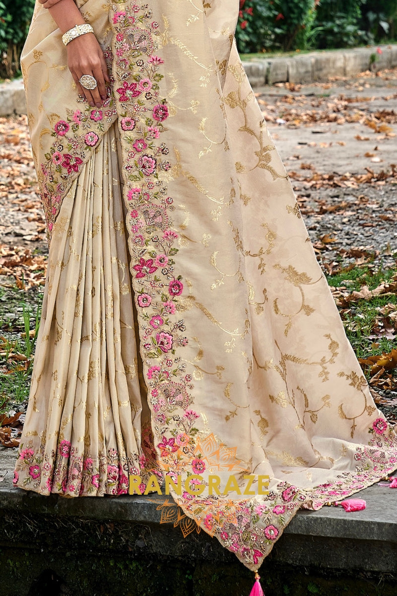 Ivory Grace: Embroidered Designer Silk Saree with Pink Silk Blouse and Cut Work
