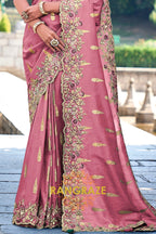Rosewood Elegance: Embroidered Designer Silk Saree with Cut Work