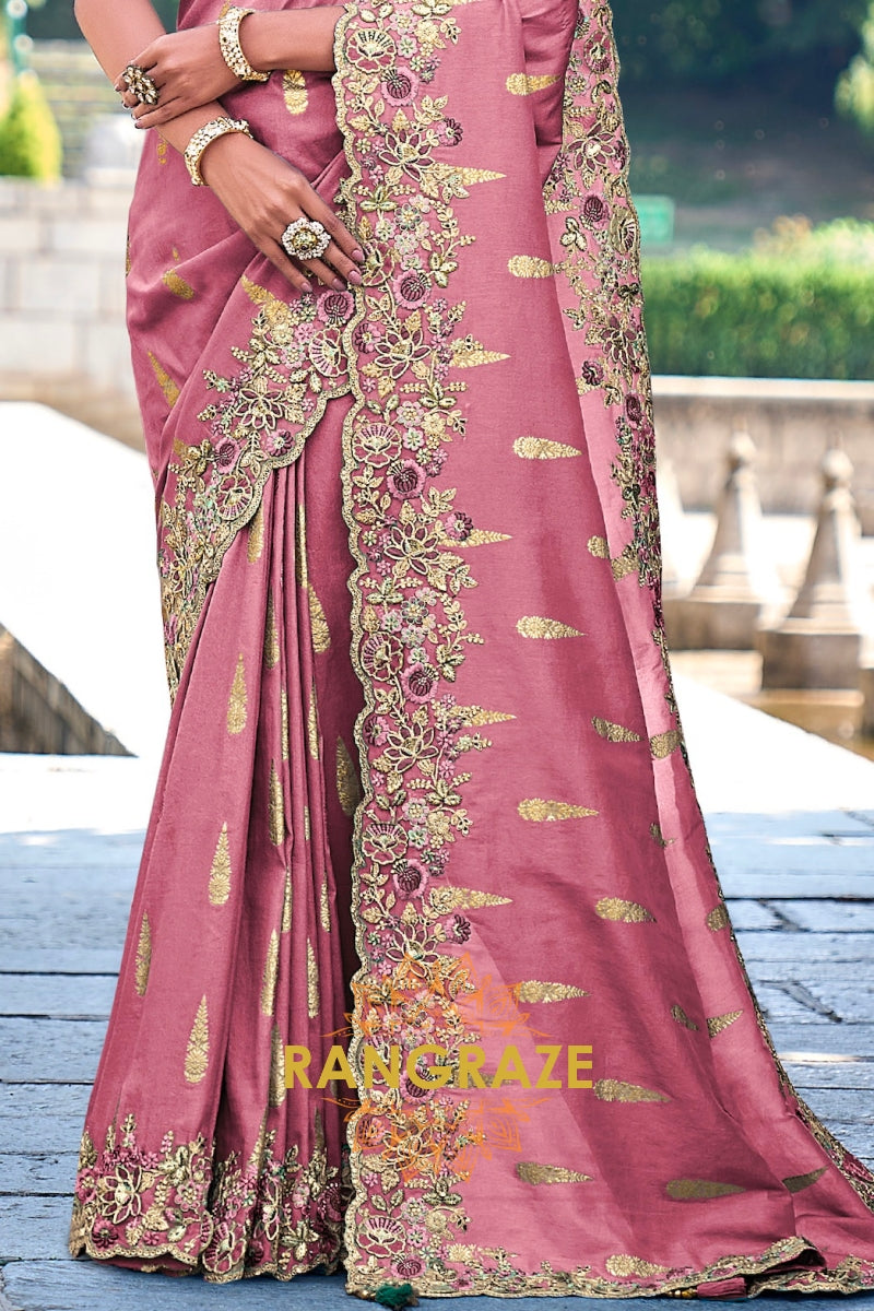 Rosewood Elegance: Embroidered Designer Silk Saree with Cut Work