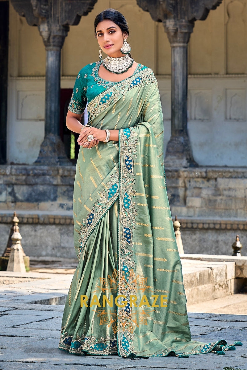 Verdant Mist: Zari and Resam Embroidered Designer Silk Saree