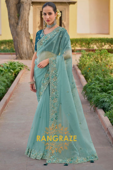 Ocean Breeze: Embroidered Seafoam Green Organza Saree with Cut Work and Teal Silk Blouse