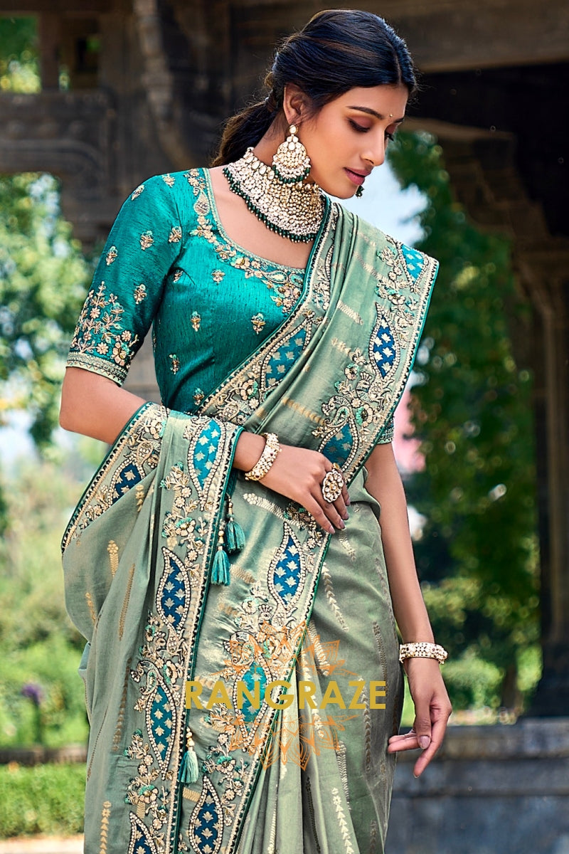 Verdant Mist: Zari and Resam Embroidered Designer Silk Saree