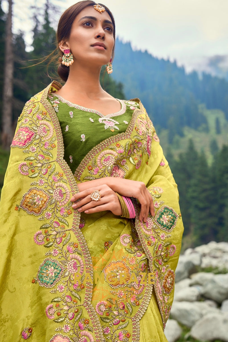 Golden Majesty: Designer Embroidered Woven Silk Saree