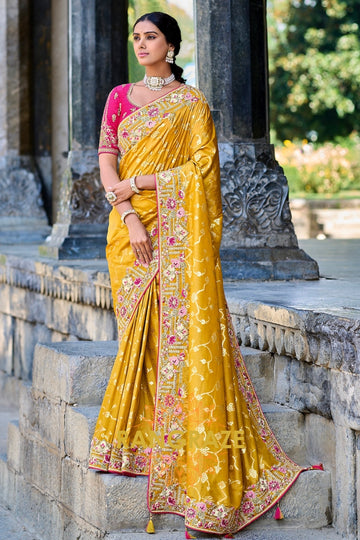 Golden Sunburst: Embroidered Designer Silk Saree with Pink Silk Blouse