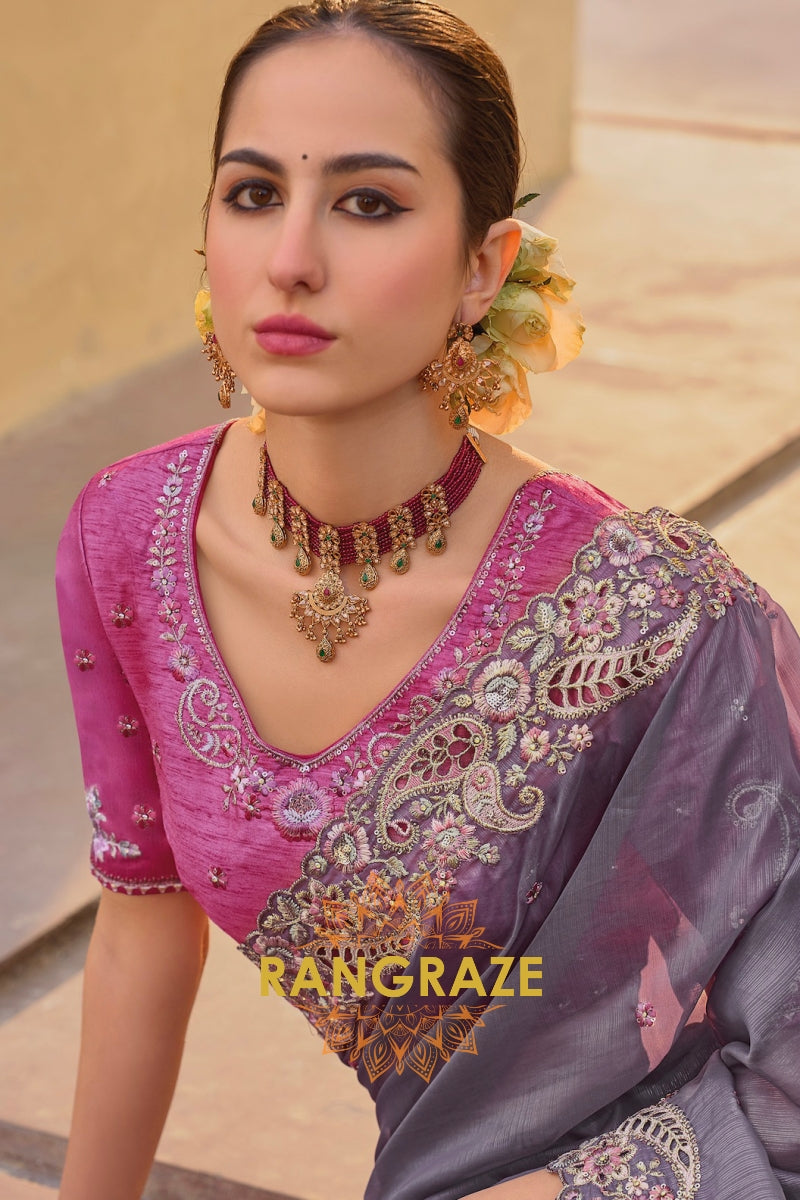 Dusky Rose: Embroidered Dusty Grey Organza Saree with Cut Work and Pink Silk Blouse