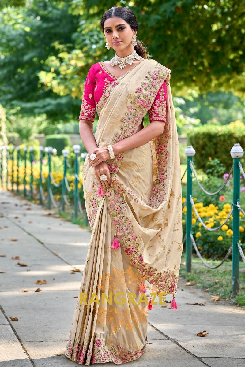 Ivory Grace: Embroidered Designer Silk Saree with Pink Silk Blouse and Cut Work