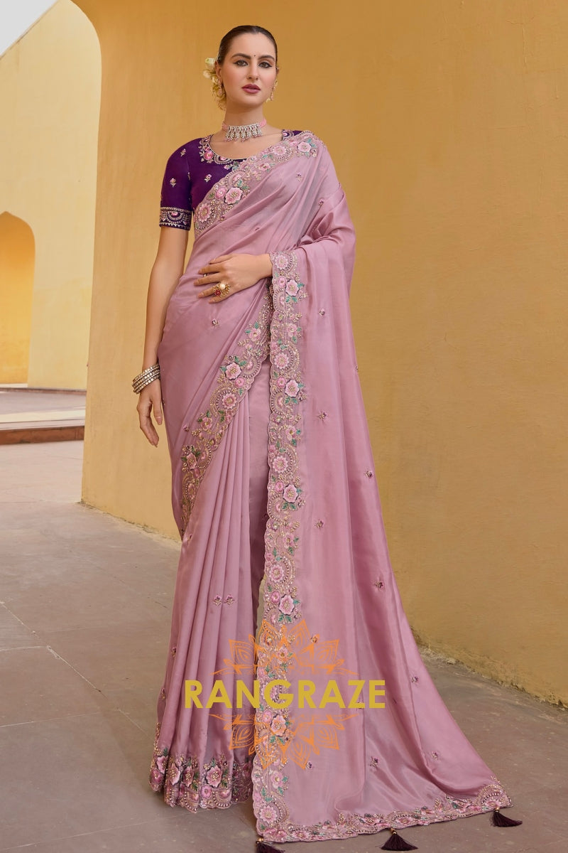 Wild Orchid: Embroidered Organza Saree with Cut Work and Pink Silk Blouse