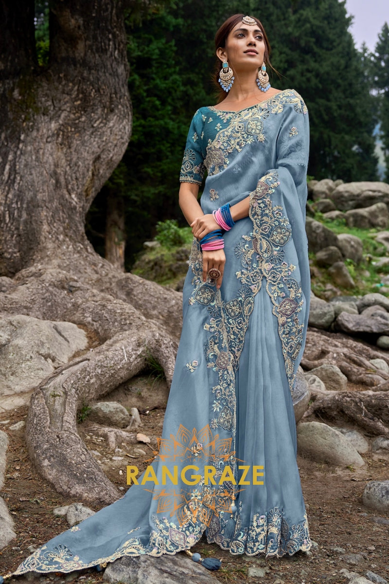 Maya Blue: Designer Embroidered Organza Saree with Silk Blouse