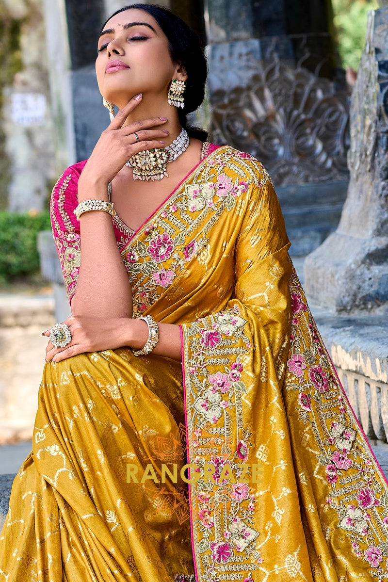 Golden Sunburst: Embroidered Designer Silk Saree with Pink Silk Blouse