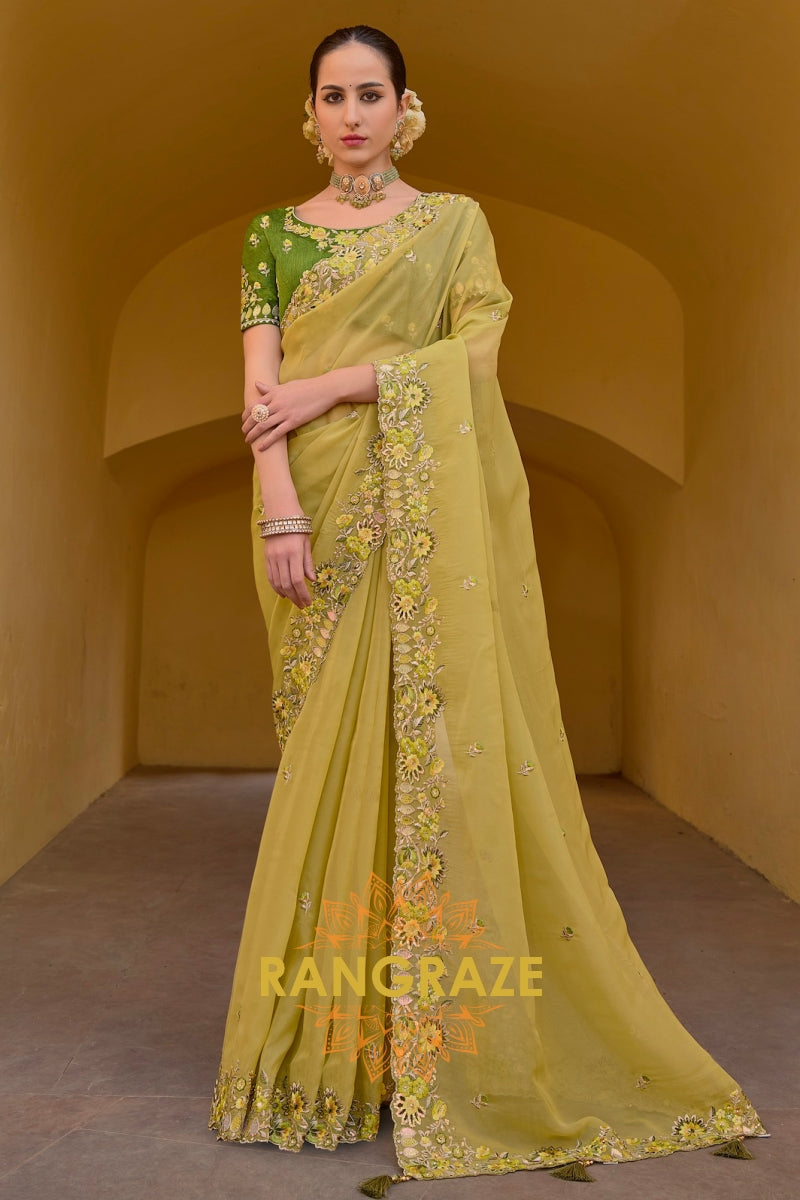 Sunlit Charm: Yellow Embroidered Pure Organza Saree with Cut Work and Green Silk Blouse