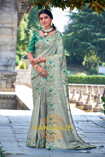 Emerald Mist: Embroidered Designer Grey and Green Silk Saree