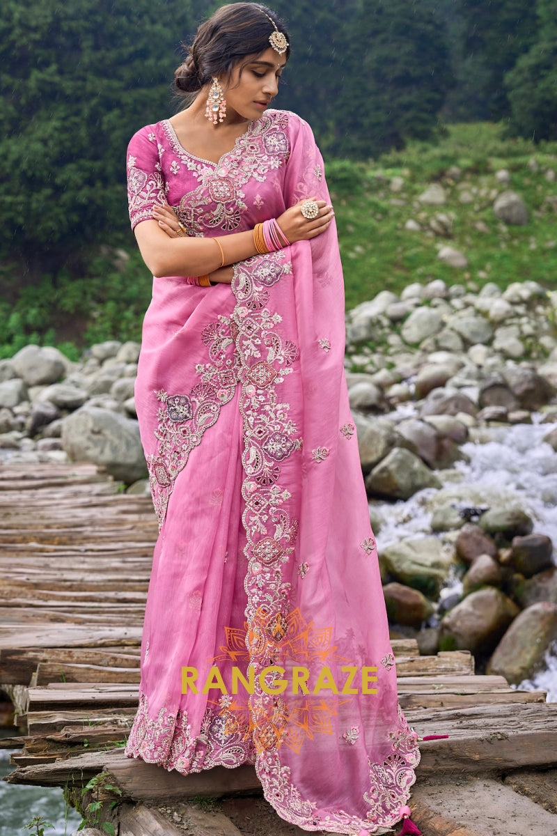 Regal Pink: Designer Embroidered Organza Saree with Silk Blouse