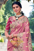 Rosewood Elegance: Embroidered Designer Silk Saree with Cut Work