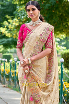 Ivory Grace: Embroidered Designer Silk Saree with Pink Silk Blouse and Cut Work