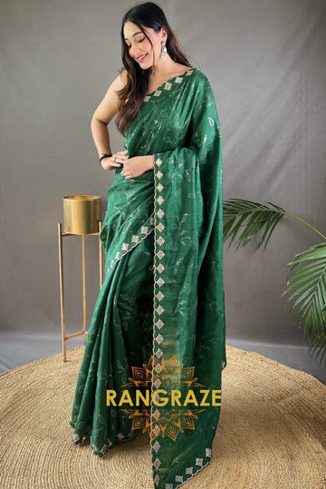 Green Pure Ruhi Silk Saree With Sequin Jaal Work And Cutwork Fancy Border