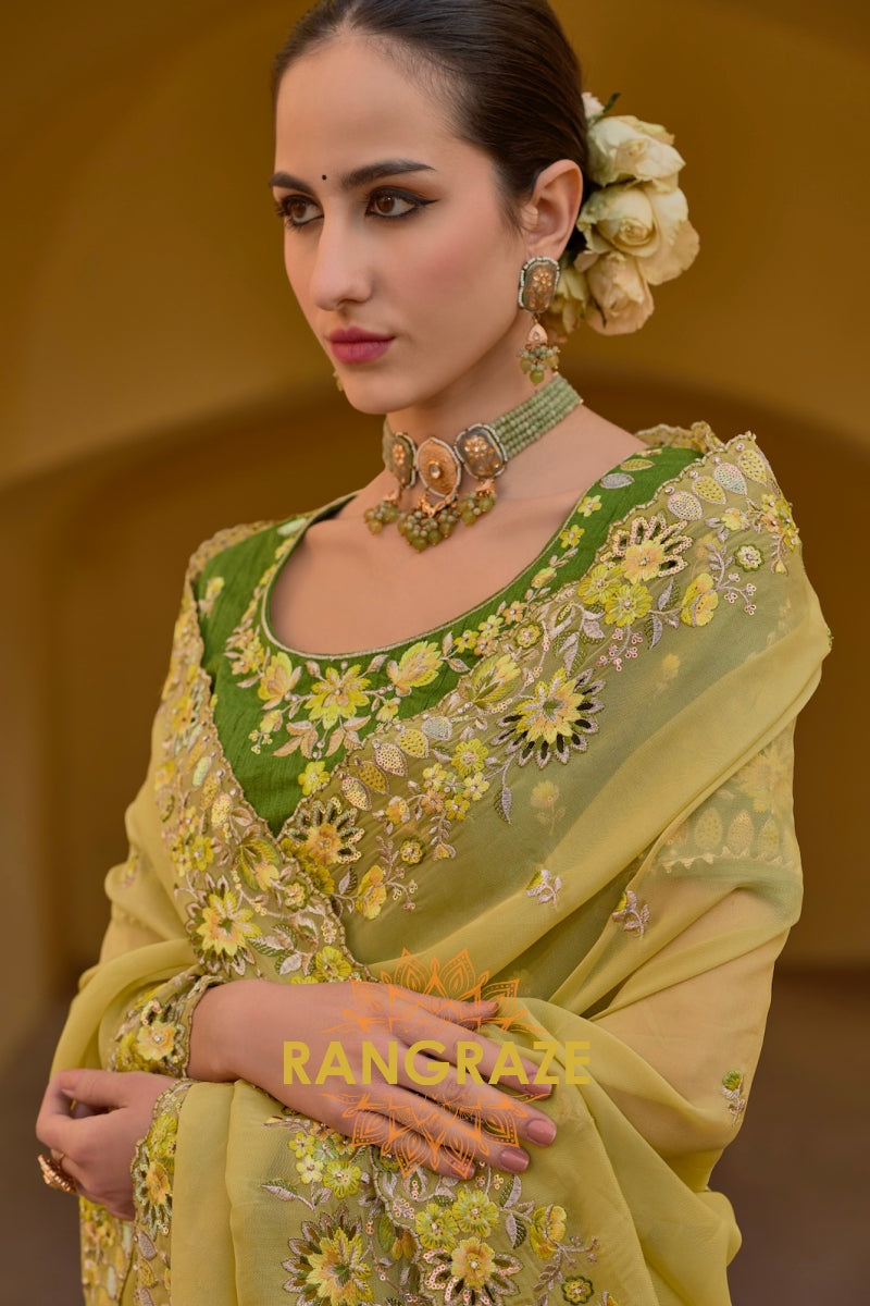 Sunlit Charm: Yellow Embroidered Pure Organza Saree with Cut Work and Green Silk Blouse