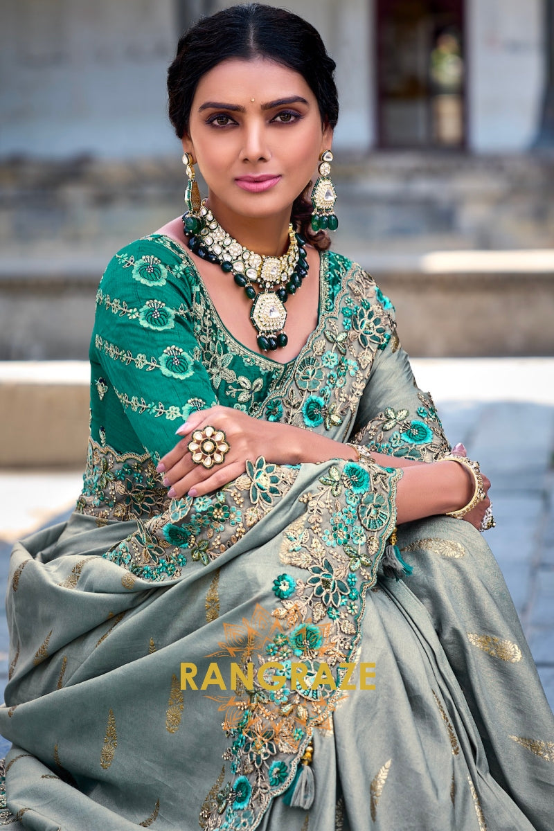 Emerald Mist: Embroidered Designer Grey and Green Silk Saree