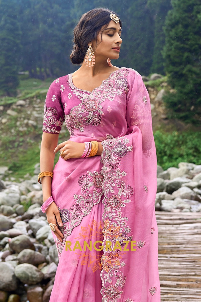 Regal Pink: Designer Embroidered Organza Saree with Silk Blouse