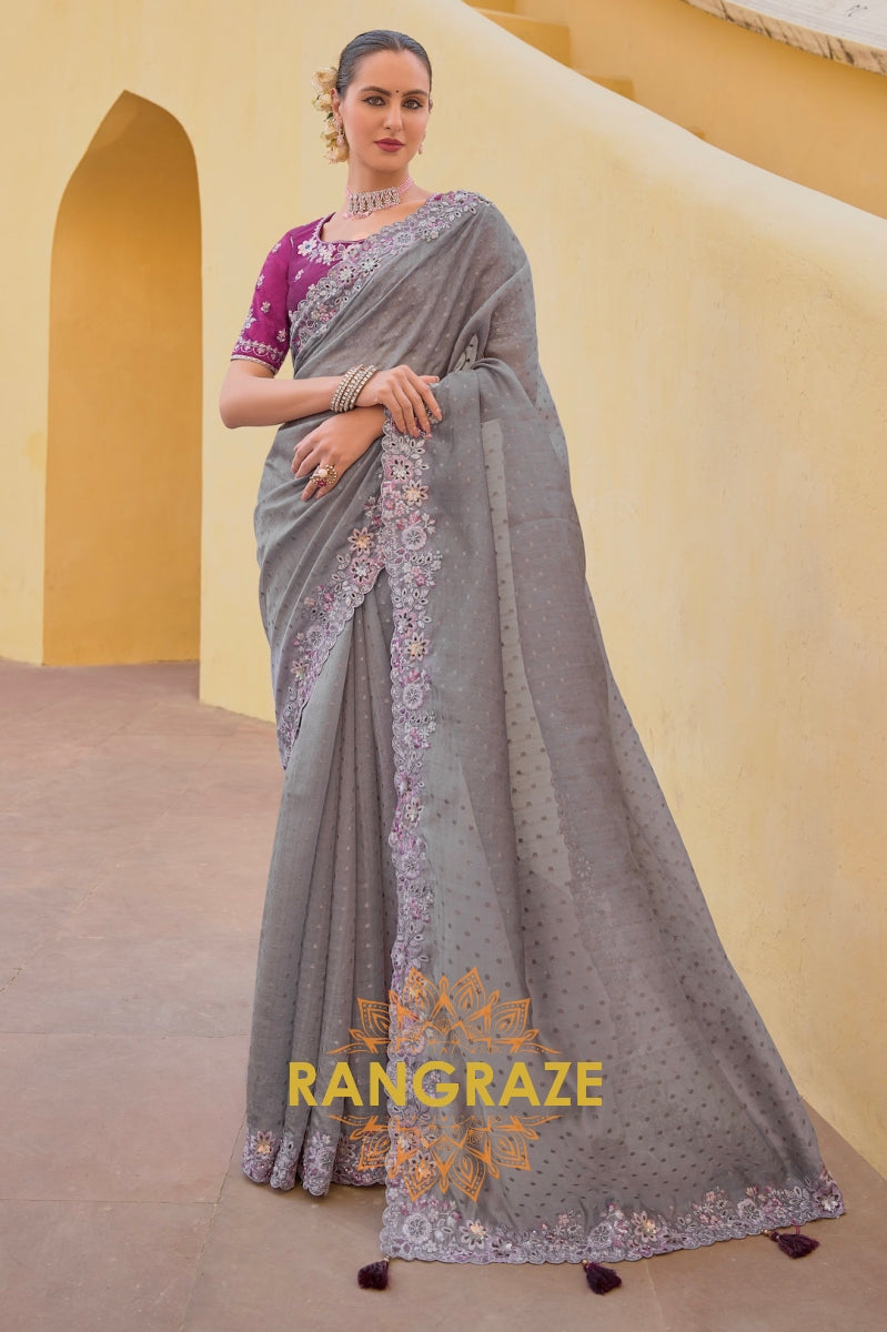 Misty Grace: Grey Embroidered Pure Organza Saree with Cut Work and Magenta Silk Blouse