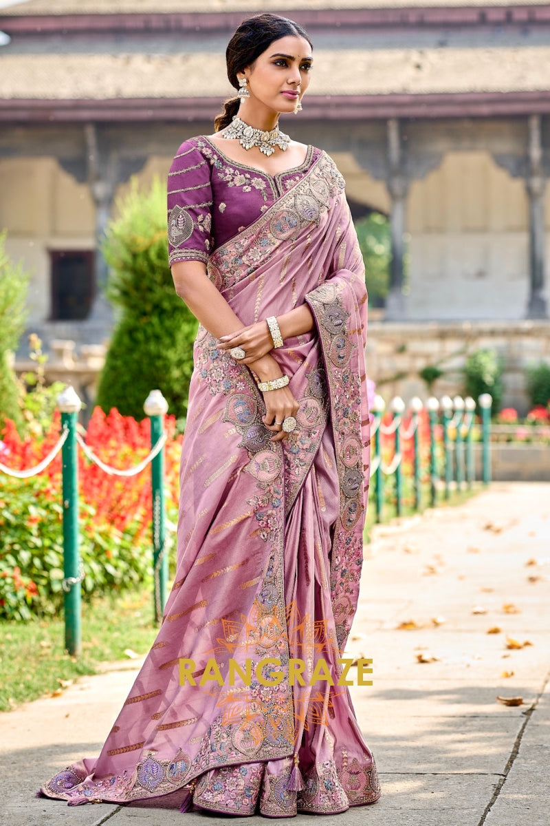 Mauve Bliss : Elegant Embroidered Designer Silk Saree with Resam and Stone Work