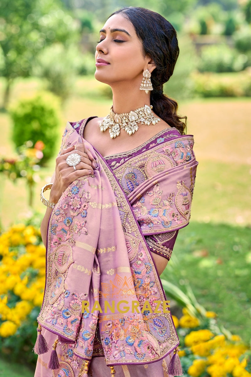 Mauve Bliss : Elegant Embroidered Designer Silk Saree with Resam and Stone Work