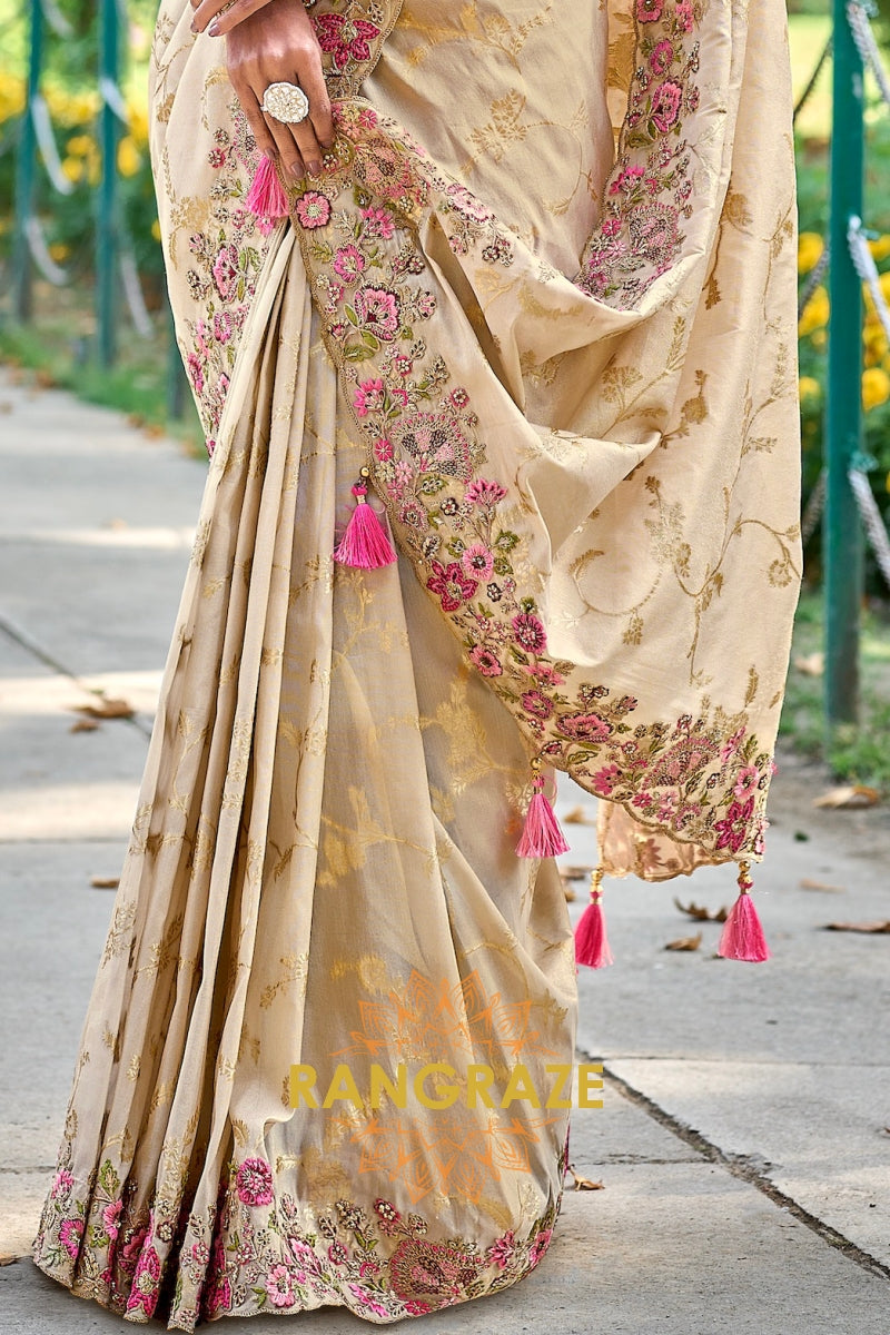 Ivory Grace: Embroidered Designer Silk Saree with Pink Silk Blouse and Cut Work