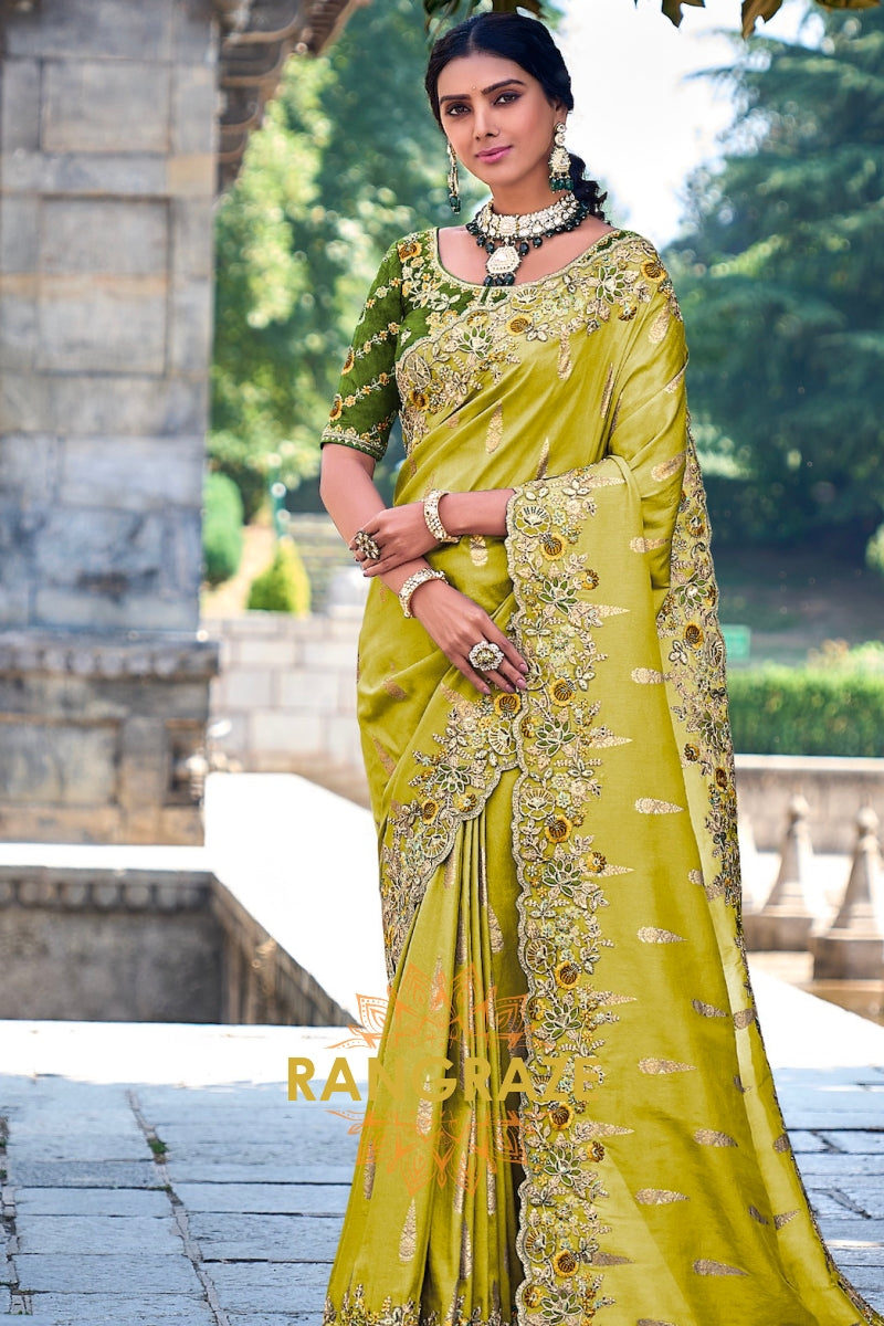 Amber Glow: Embroidered Designer Silk Saree with Cut Work