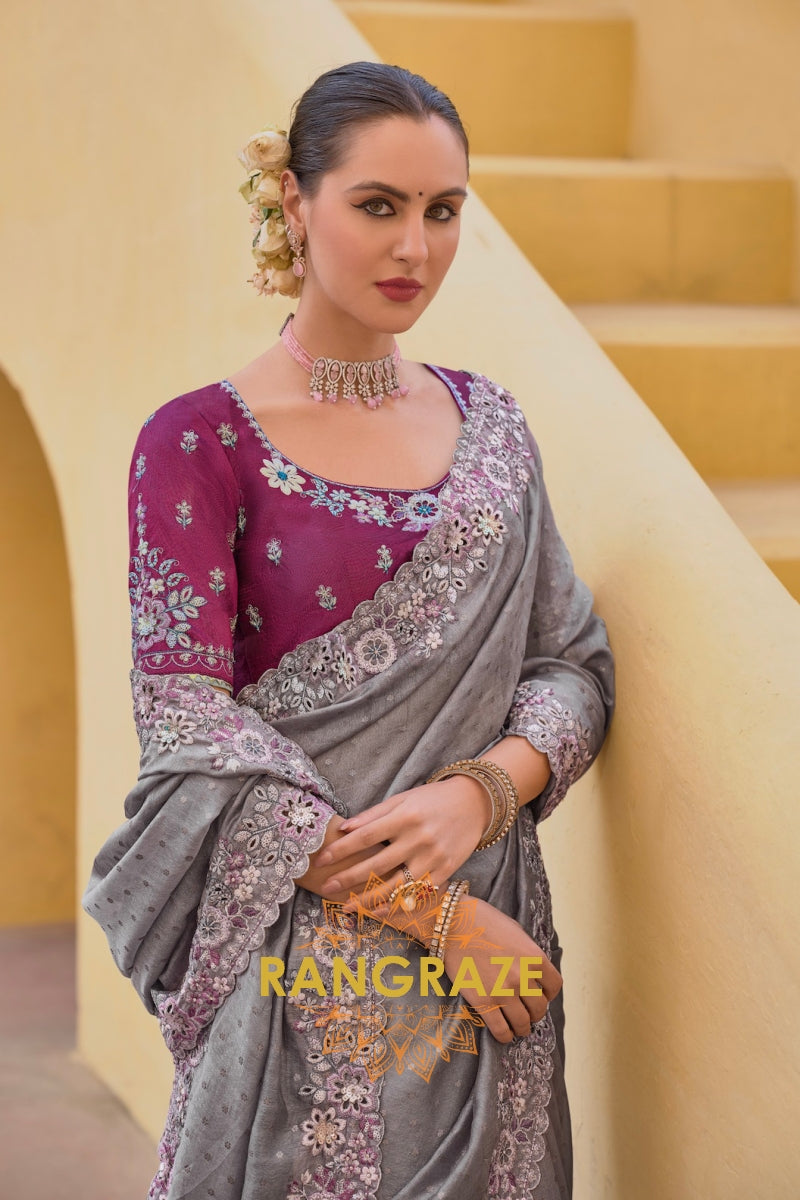 Misty Grace: Grey Embroidered Pure Organza Saree with Cut Work and Magenta Silk Blouse