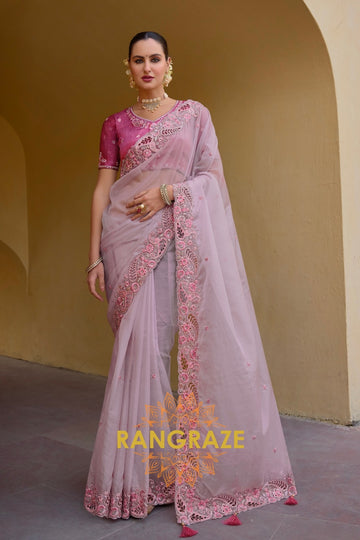 Blush Harmony: Embroidered Organza Saree with Cut Work and Pink Silk Blouse