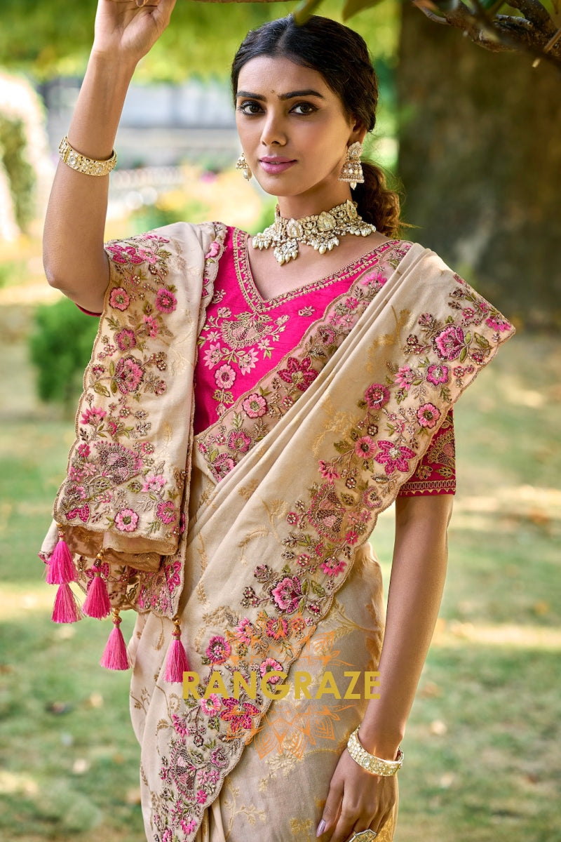 Ivory Grace: Embroidered Designer Silk Saree with Pink Silk Blouse and Cut Work