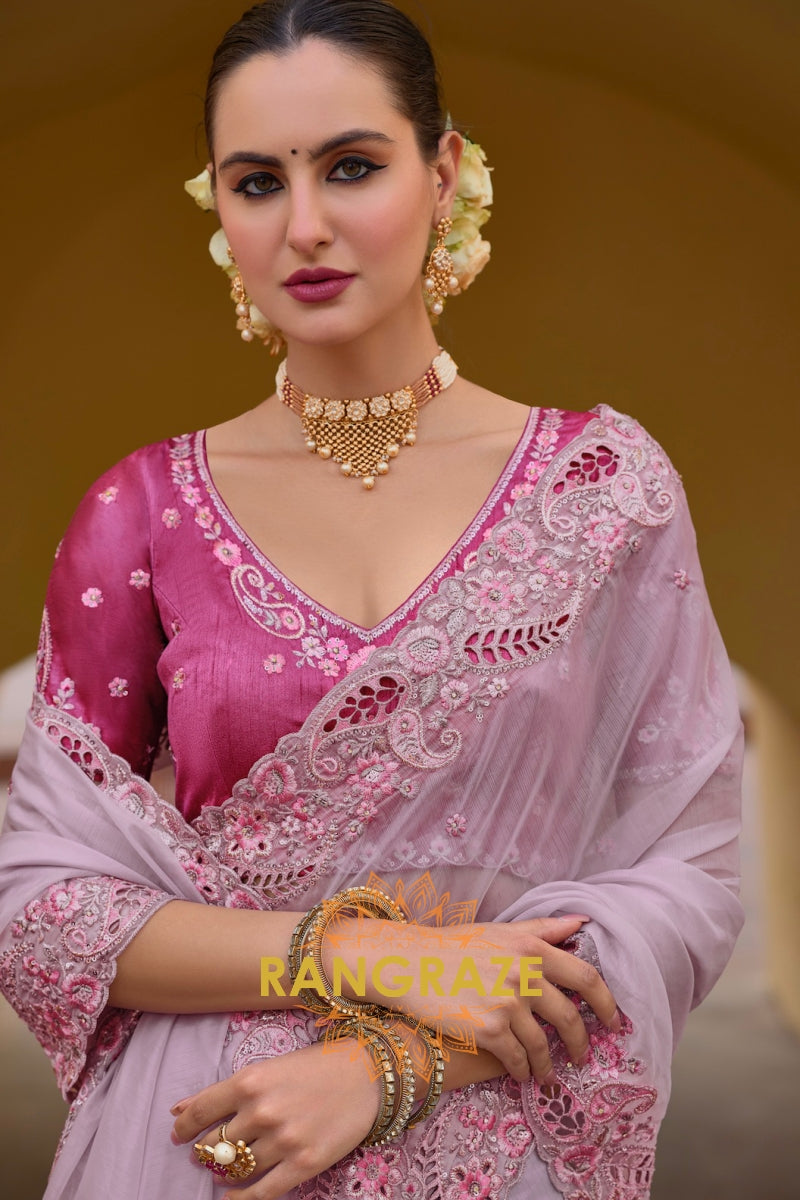 Blush Harmony: Embroidered Organza Saree with Cut Work and Pink Silk Blouse